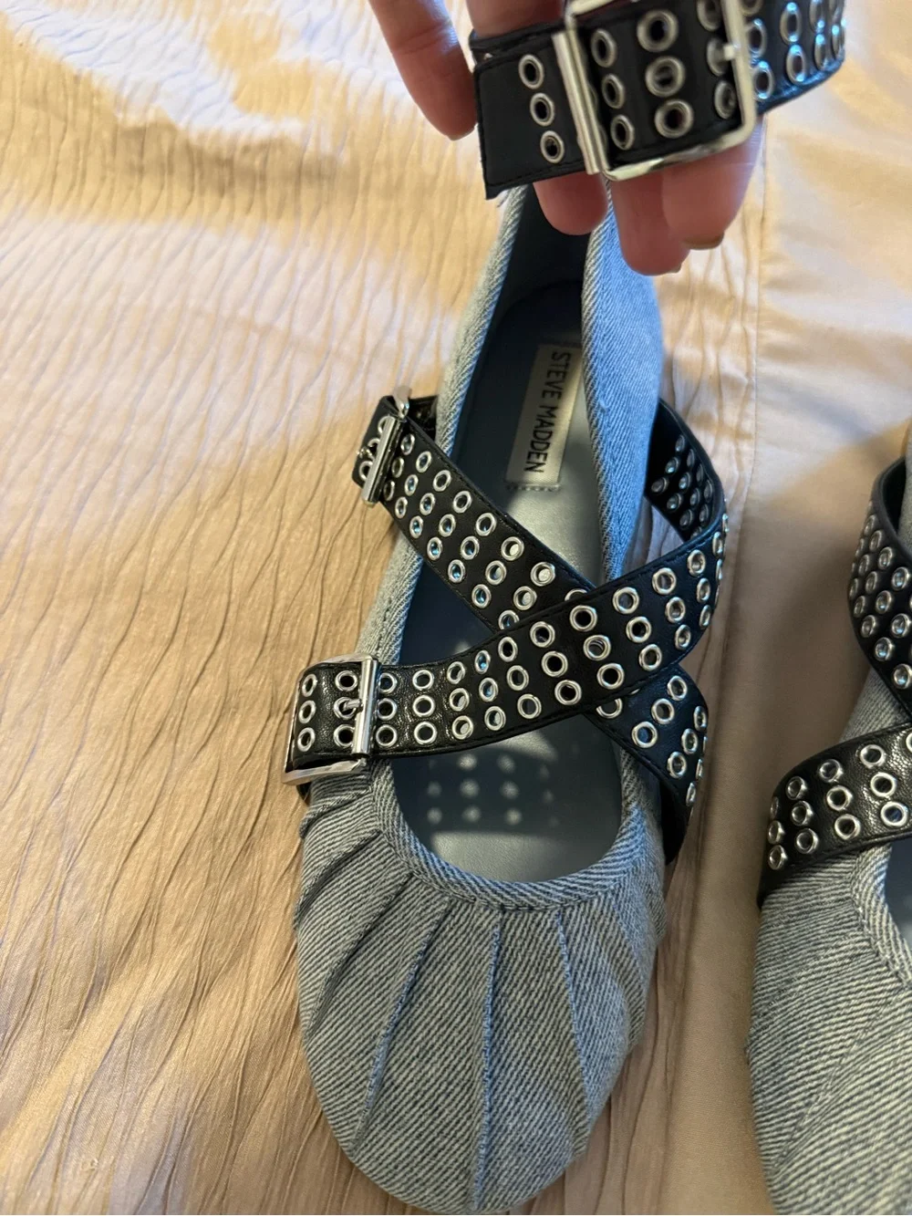 Steve Madden Light Blue Denim Ballet Flats with Studded Black Straps